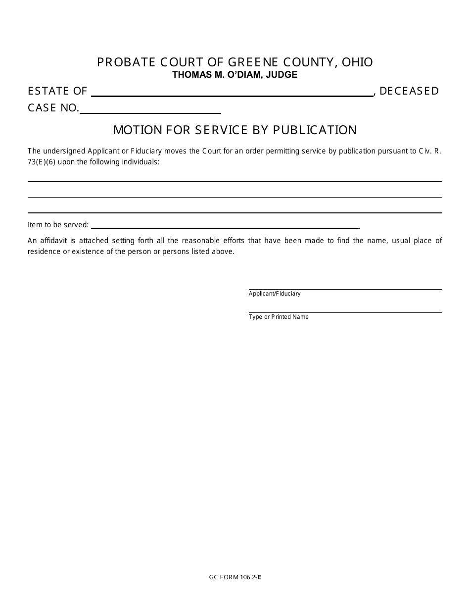 GC Form 106.2-E Motion for Service by Publication - Greene County, Ohio, Page 1