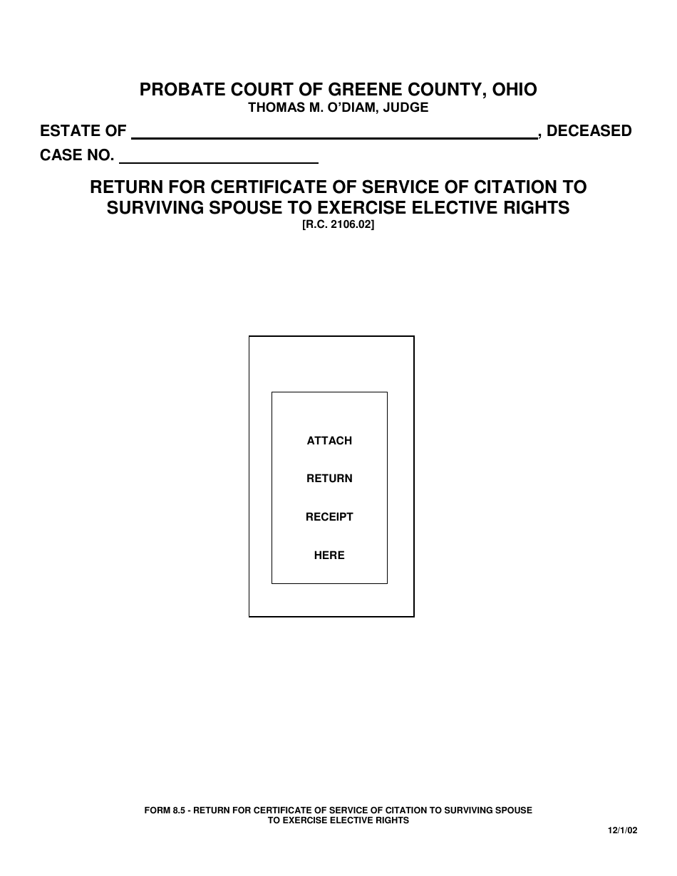 Form 8.5 Return for Certificate of Service of Citation to Surviving Spouse to Exercise Elective Rights - Greene County, Ohio, Page 1