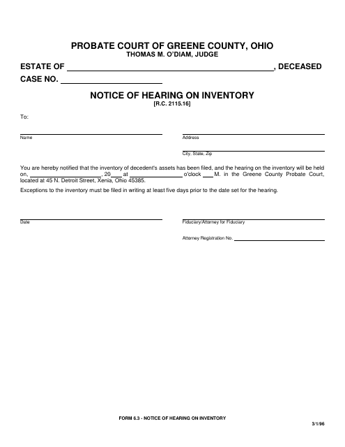 Form 6.3 Notice of Hearing on Inventory - Greene County, Ohio