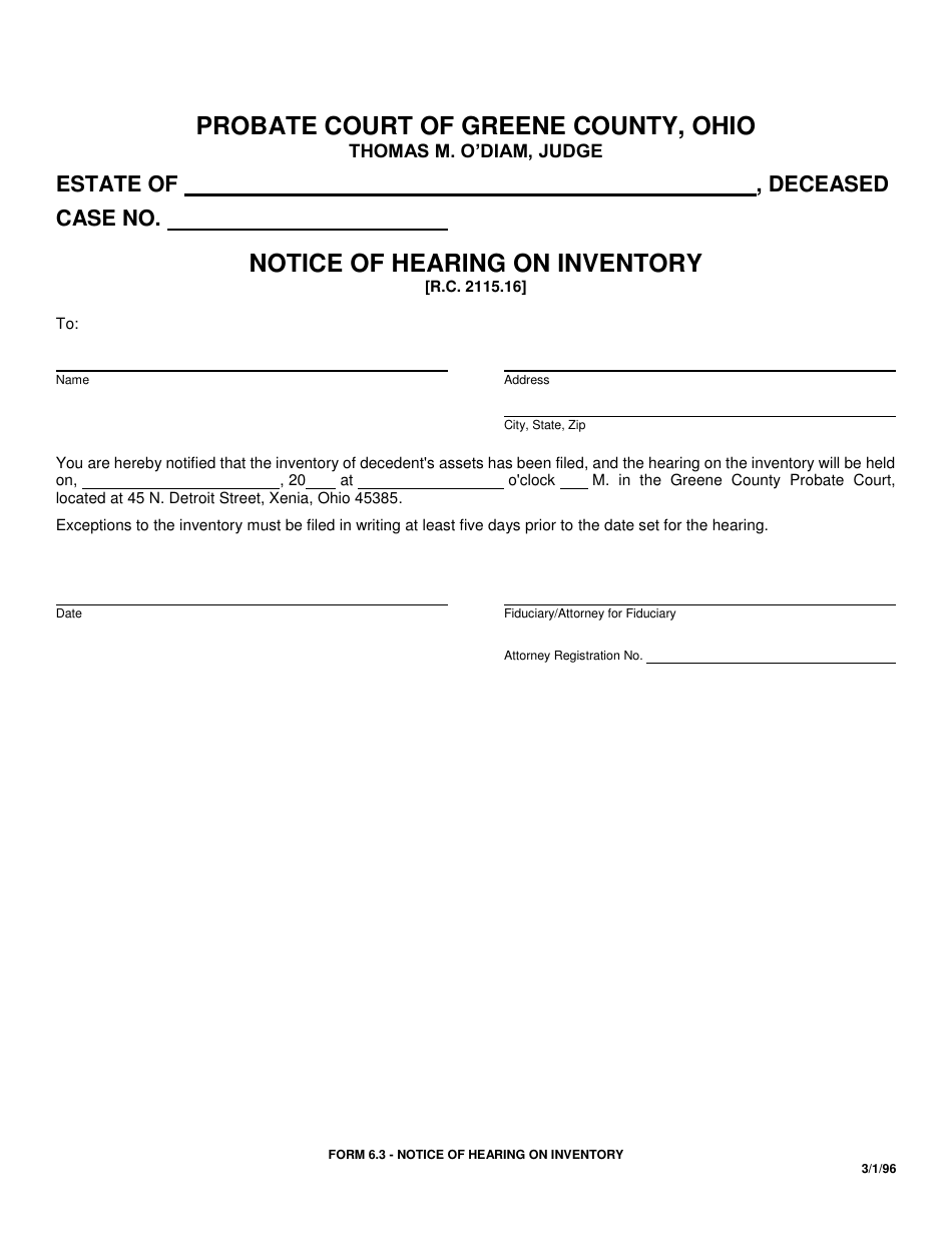Form 6.3 Notice of Hearing on Inventory - Greene County, Ohio, Page 1