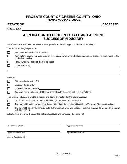 GC Form 100.1-I Application to Reopen Estate and Appoint Successor Fiduciary - Greene County, Ohio
