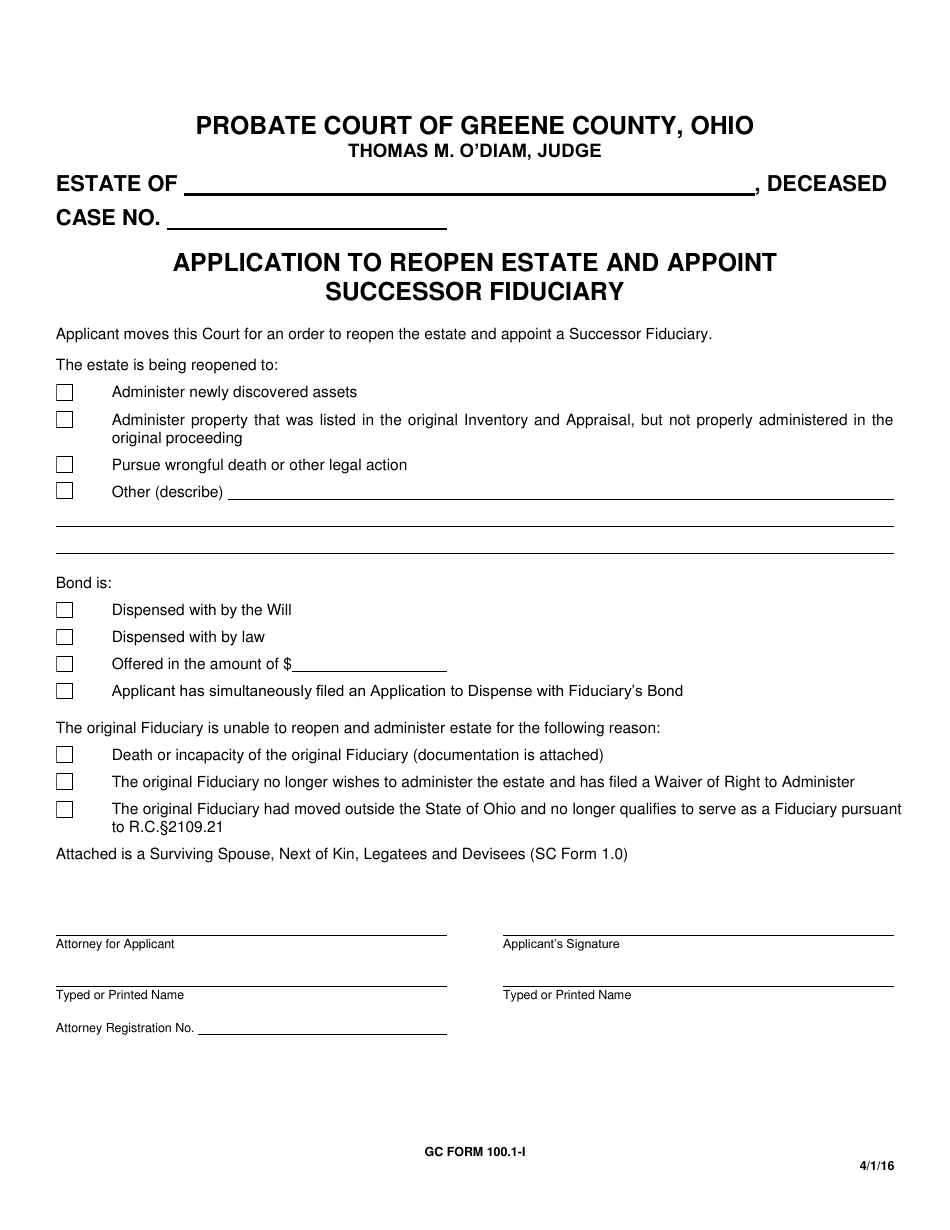 GC Form 100.1-I Application to Reopen Estate and Appoint Successor Fiduciary - Greene County, Ohio, Page 1