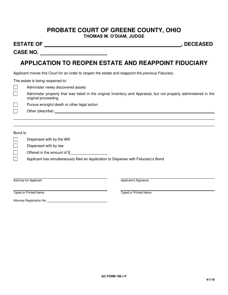 GC Form 100.1-F Application to Reopen Estate and Reappoint Fiduciary - Greene County, Ohio, Page 1