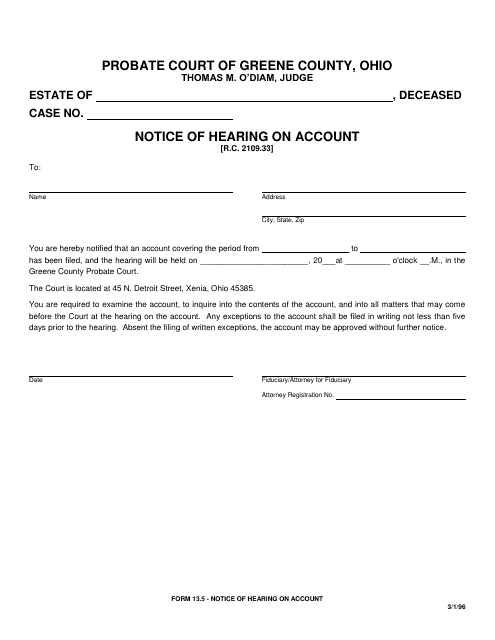 Form 13.5 Notice of Hearing on Account - Greene County, Ohio