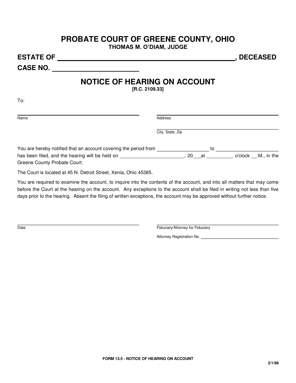 Form 13.5 Notice of Hearing on Account - Greene County, Ohio, Page 1