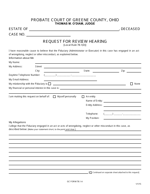 GC Form 78.1-A Request for Review Hearing - Estate Administration - Greene County, Ohio