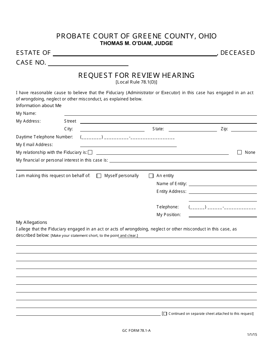 GC Form 78.1-A Request for Review Hearing - Estate Administration - Greene County, Ohio, Page 1