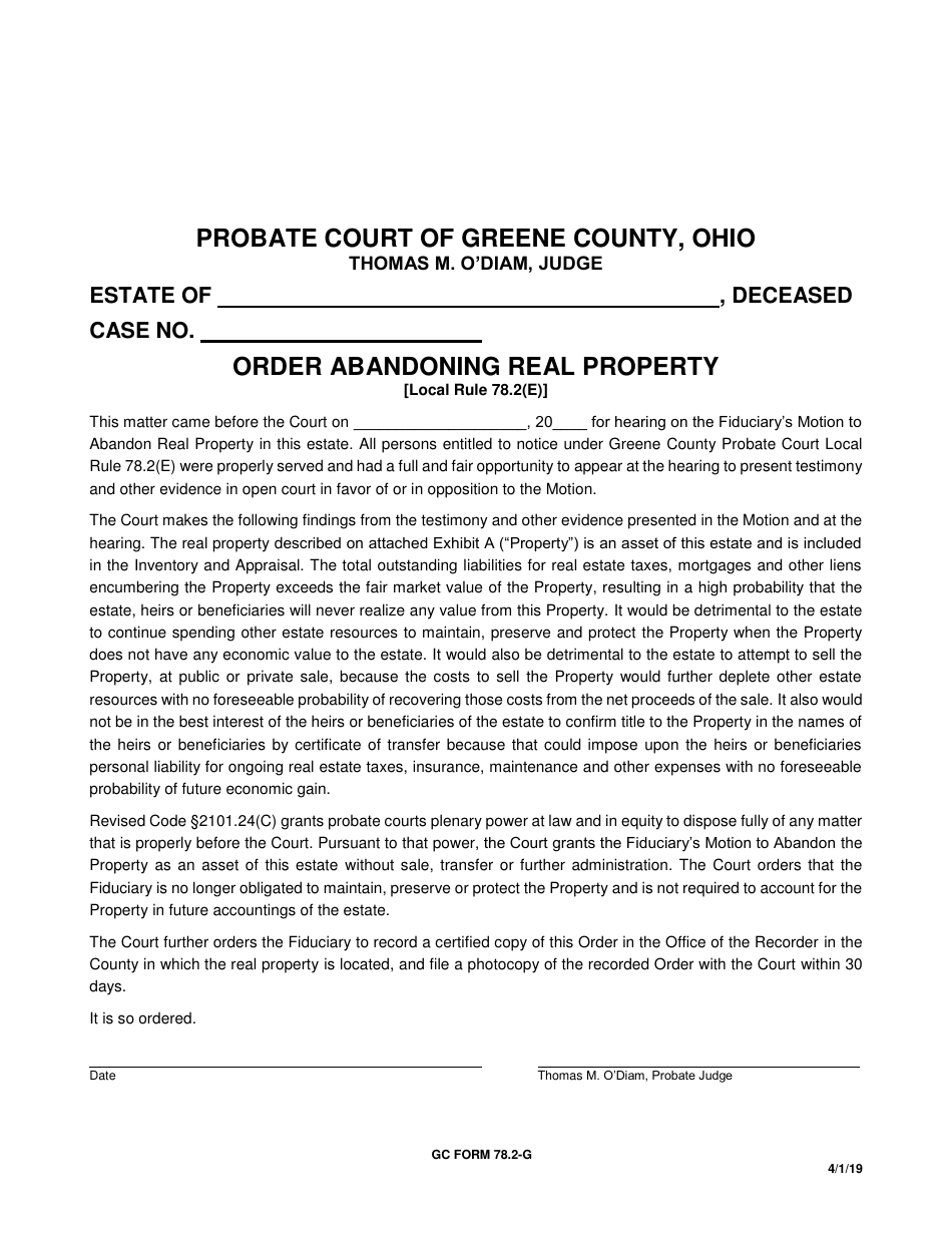 GC Form 78.2-G Order Abandoning Real Property - Greene County, Ohio, Page 1