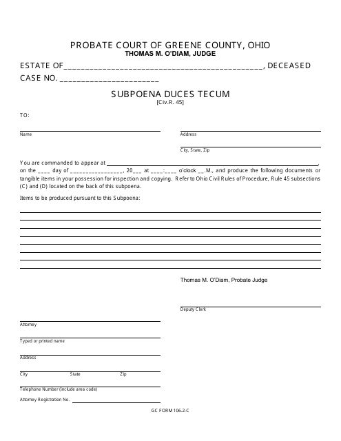GC Form 106.2-C Subpoena Duces Tecum - Estate Administration - Greene County, Ohio