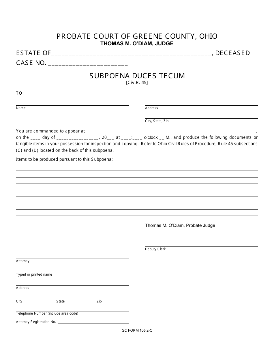 GC Form 106.2-C Subpoena Duces Tecum - Estate Administration - Greene County, Ohio, Page 1