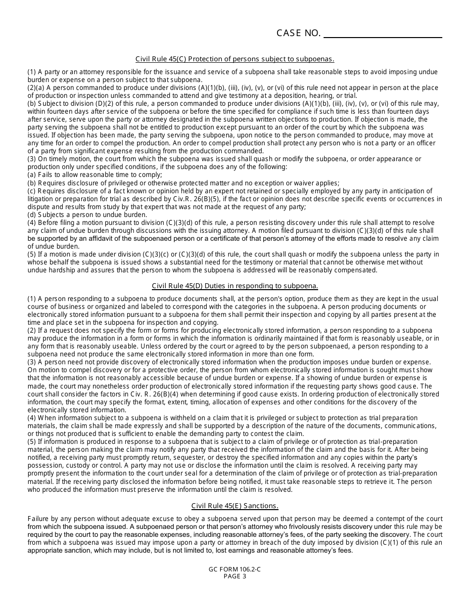 GC Form 106.2-C Subpoena Duces Tecum - Estate Administration - Greene County, Ohio, Page 3
