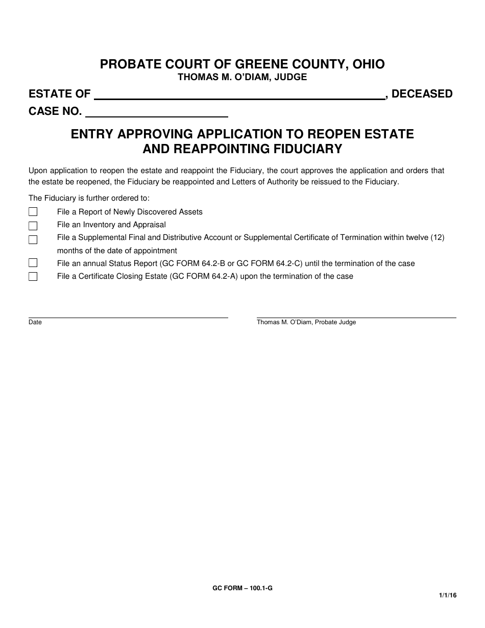 GC Form 100.1-G Entry Approving Application to Reopen Estate and Reappointing Fiduciary - Greene County, Ohio, Page 1