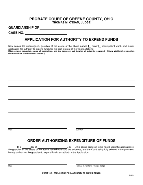 Form 15.7 Application for Authority to Expend Funds - Greene County, Ohio
