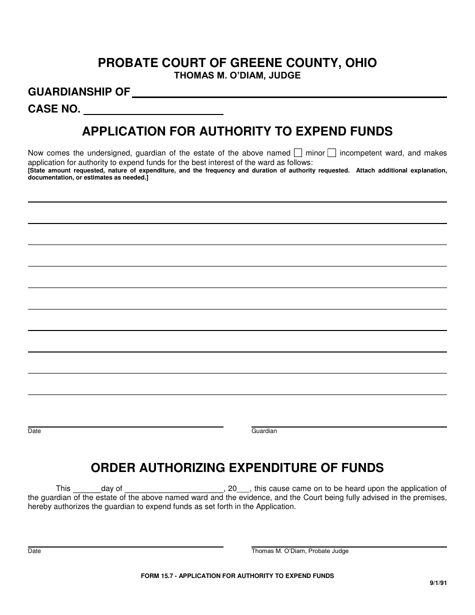 Form 15.7 Application for Authority to Expend Funds - Greene County, Ohio, Page 1