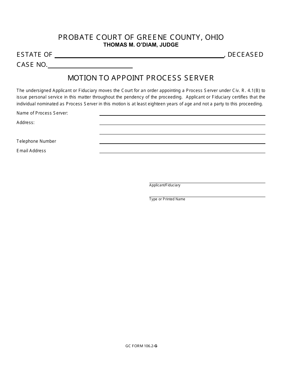 GC Form 106.2-G Motion to Appoint Process Server - Estate Administration - Greene County, Ohio, Page 1