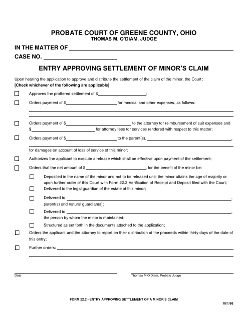 Form 22.2 Entry Approving Settlement of Minor's Claim - Greene County, Ohio
