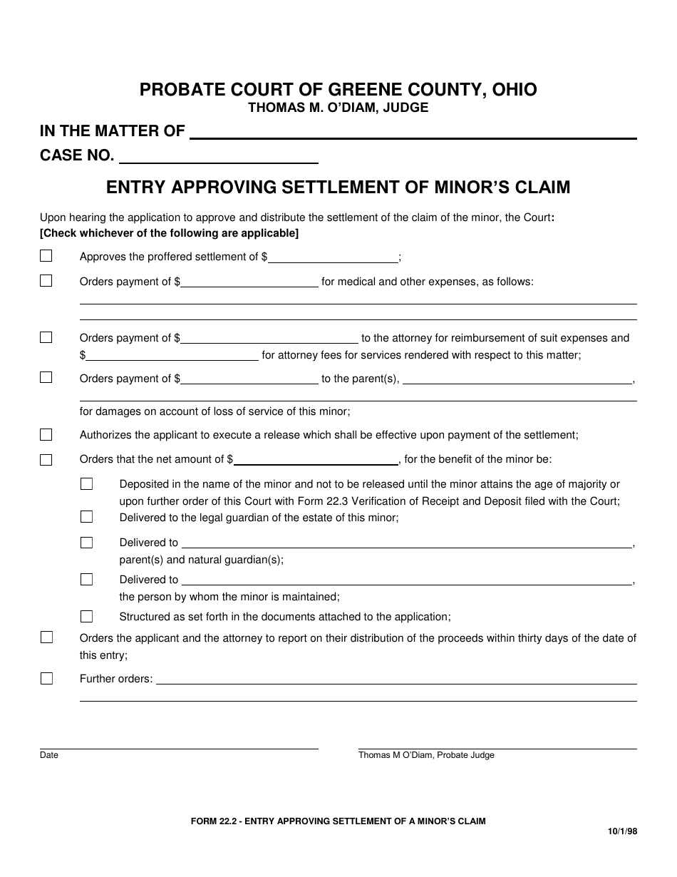 Form 22.2 Entry Approving Settlement of Minors Claim - Greene County, Ohio, Page 1