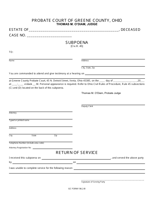 GC Form 106.2-B Subpoena - Estate Administration - Greene County, Ohio