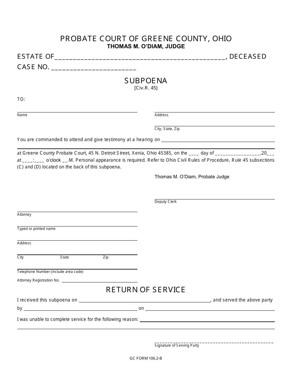 GC Form 106.2-B Subpoena - Estate Administration - Greene County, Ohio, Page 1