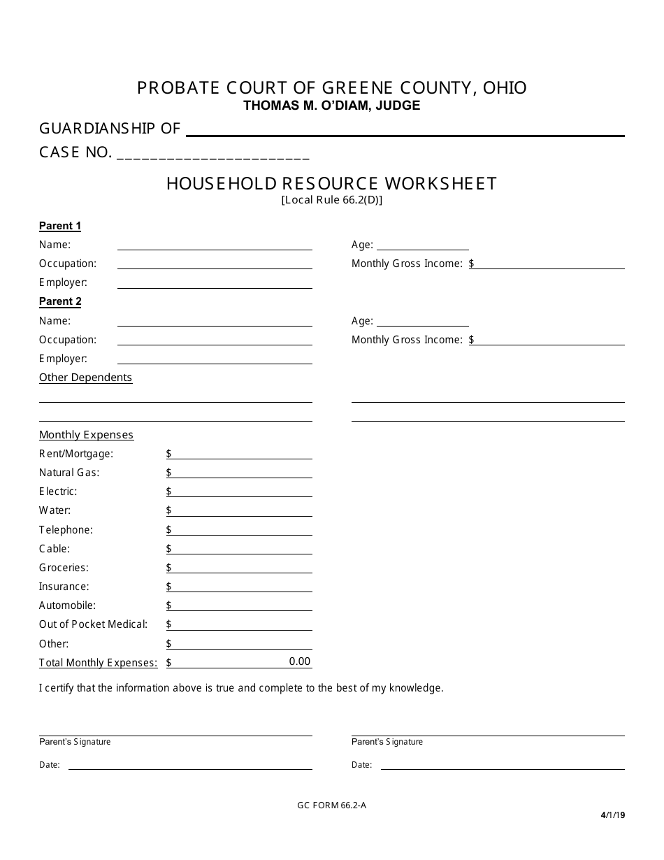 GC Form 66.2-A Household Resource Worksheet - Greene County, Ohio, Page 1