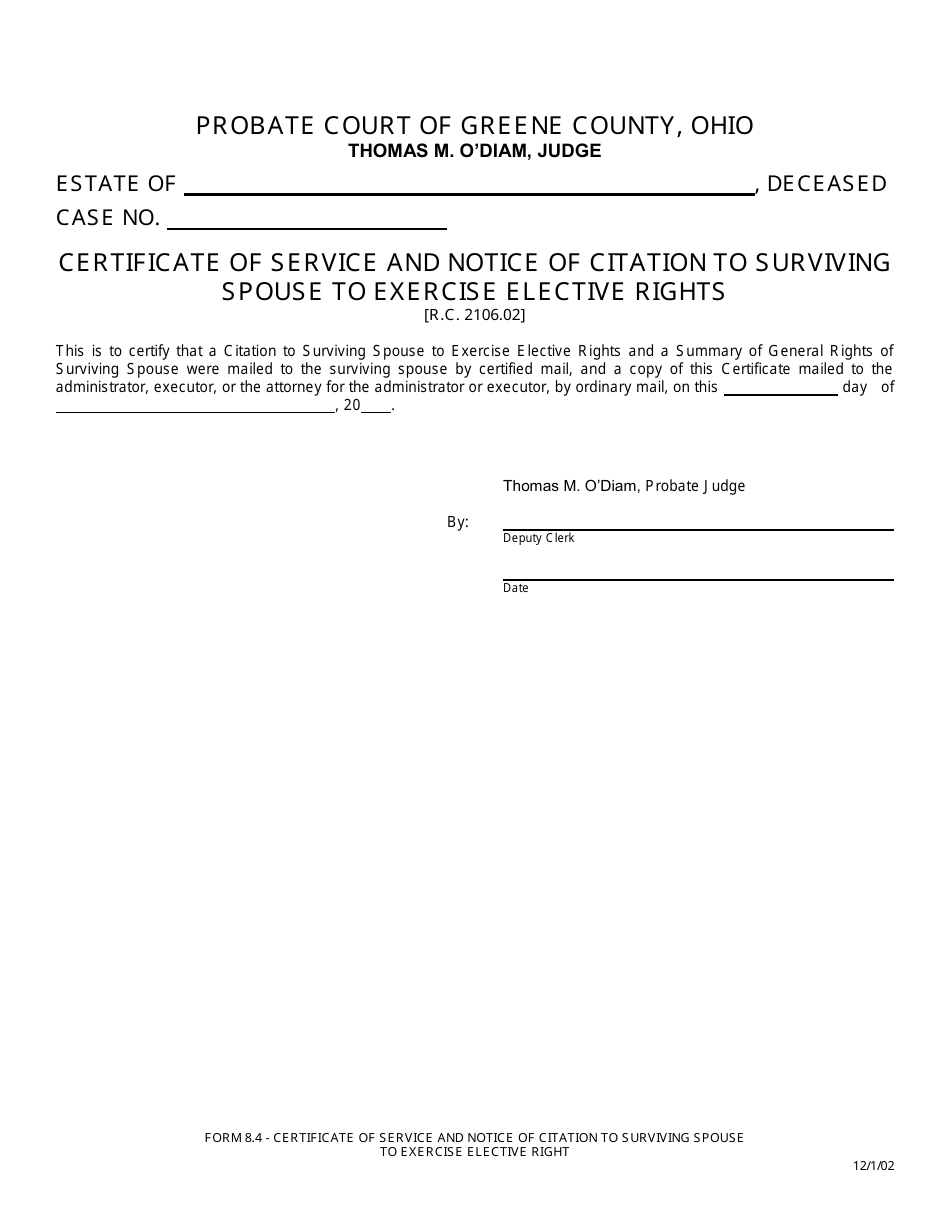 Form 8.4 Certificate of Service and Notice of Citation to Surviving Spouse to Exercise Elective Rights - Greene County, Ohio, Page 1