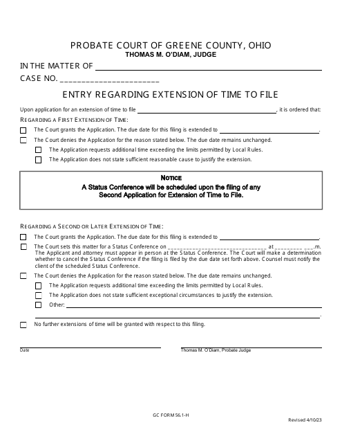 GC Form 56.1-H Entry Regarding Extension of Time to File - Minor's Settlement - Greene County, Ohio