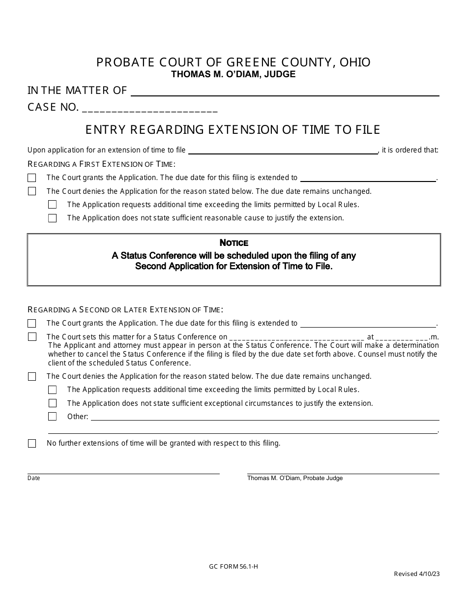 GC Form 56.1-H Entry Regarding Extension of Time to File - Minors Settlement - Greene County, Ohio, Page 1