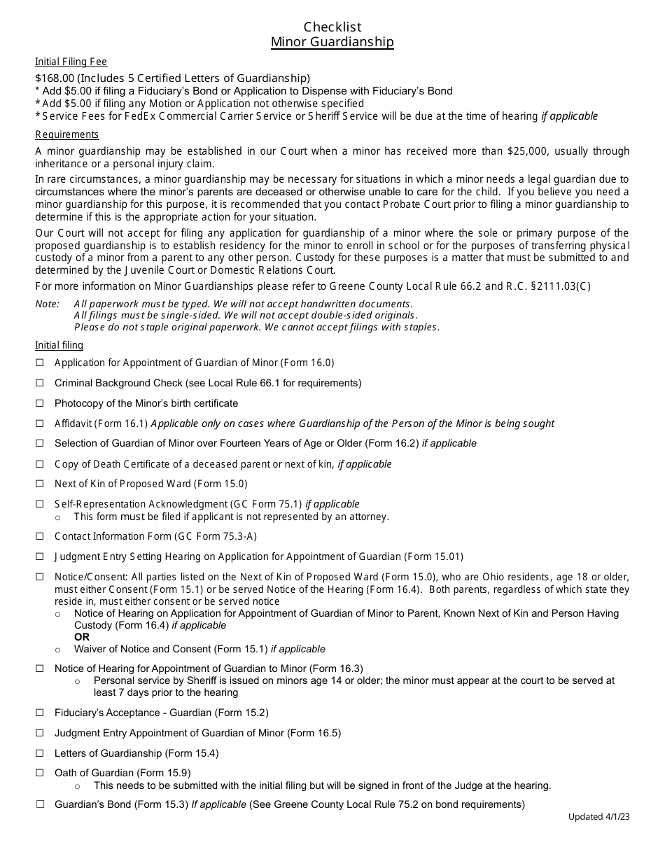 Checklist for Initial Filing of Guardianship of a Minor - Greene County, Ohio, Page 1