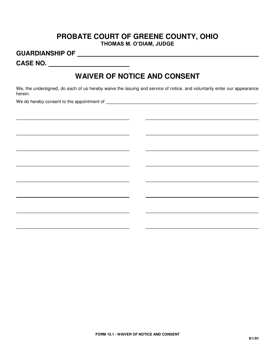 Form 15.1 Waiver of Notice and Consent - Greene County, Ohio, Page 1