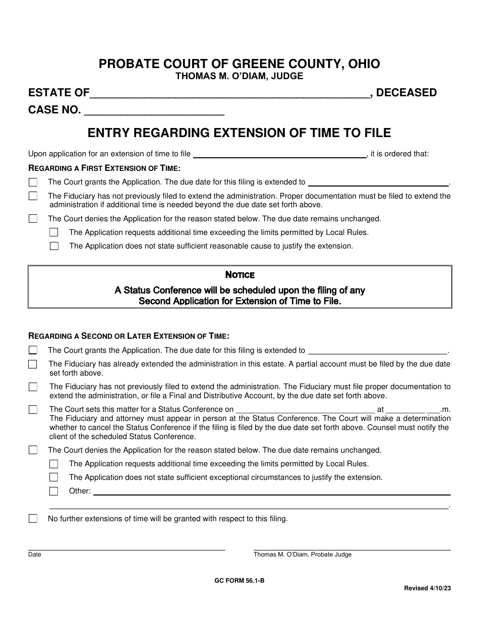 GC Form 56.1-B Entry Regarding Extension of Time to File - Greene County, Ohio, Page 1
