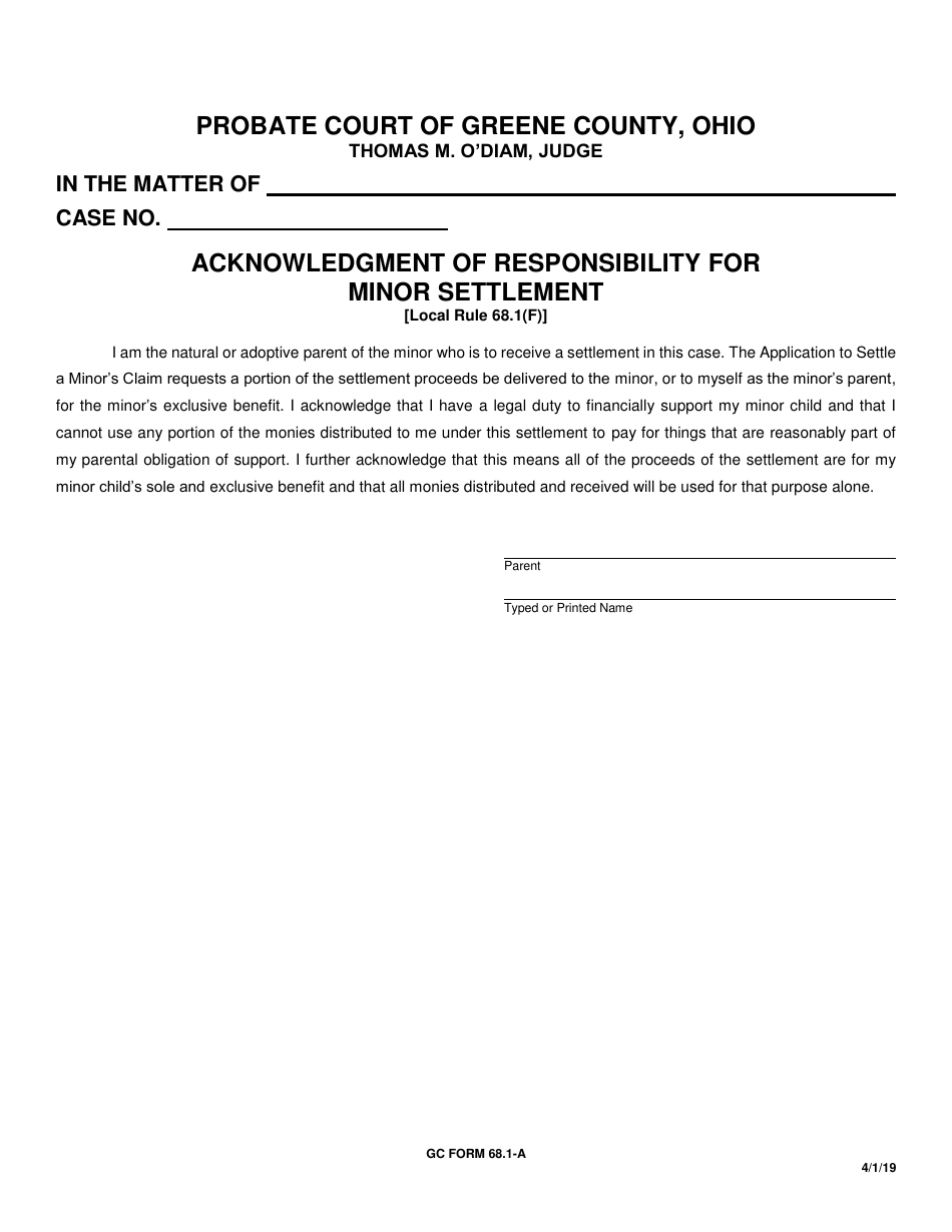 GC Form 68.1-A Acknowledgment of Responsibility for Minor Settlement - Greene County, Ohio, Page 1