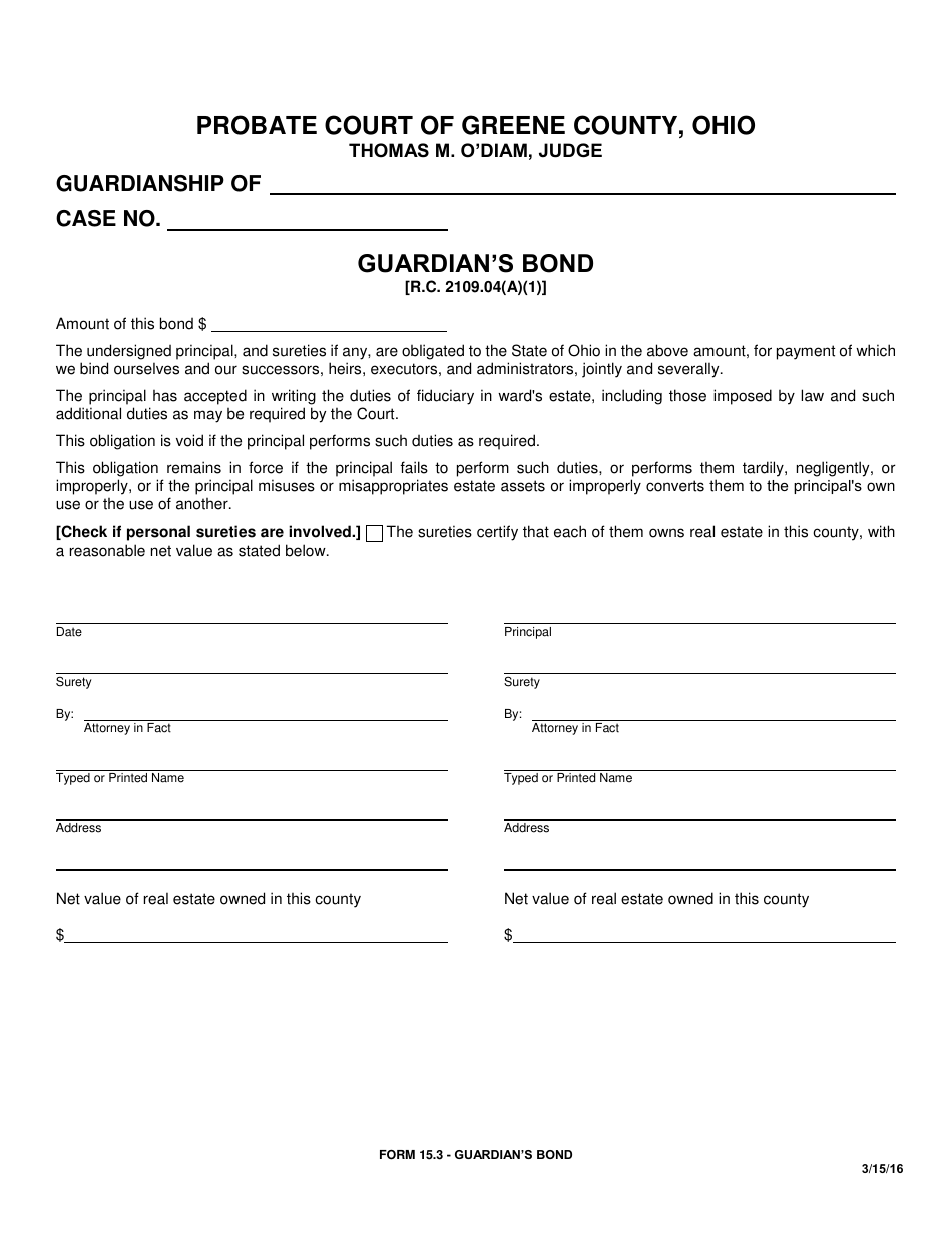 Form 15.3 Guardians Bond - Greene County, Ohio, Page 1