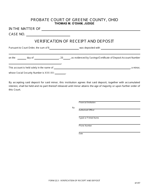 Form 22.3 Verification of Receipt and Deposit - Greene County, Ohio