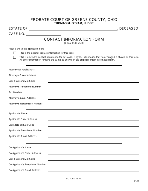 GC Form 75.3-A Contact Information Form - Estate Administration - Greene County, Ohio