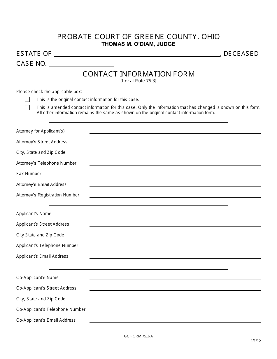 GC Form 75.3-A Contact Information Form - Estate Administration - Greene County, Ohio, Page 1
