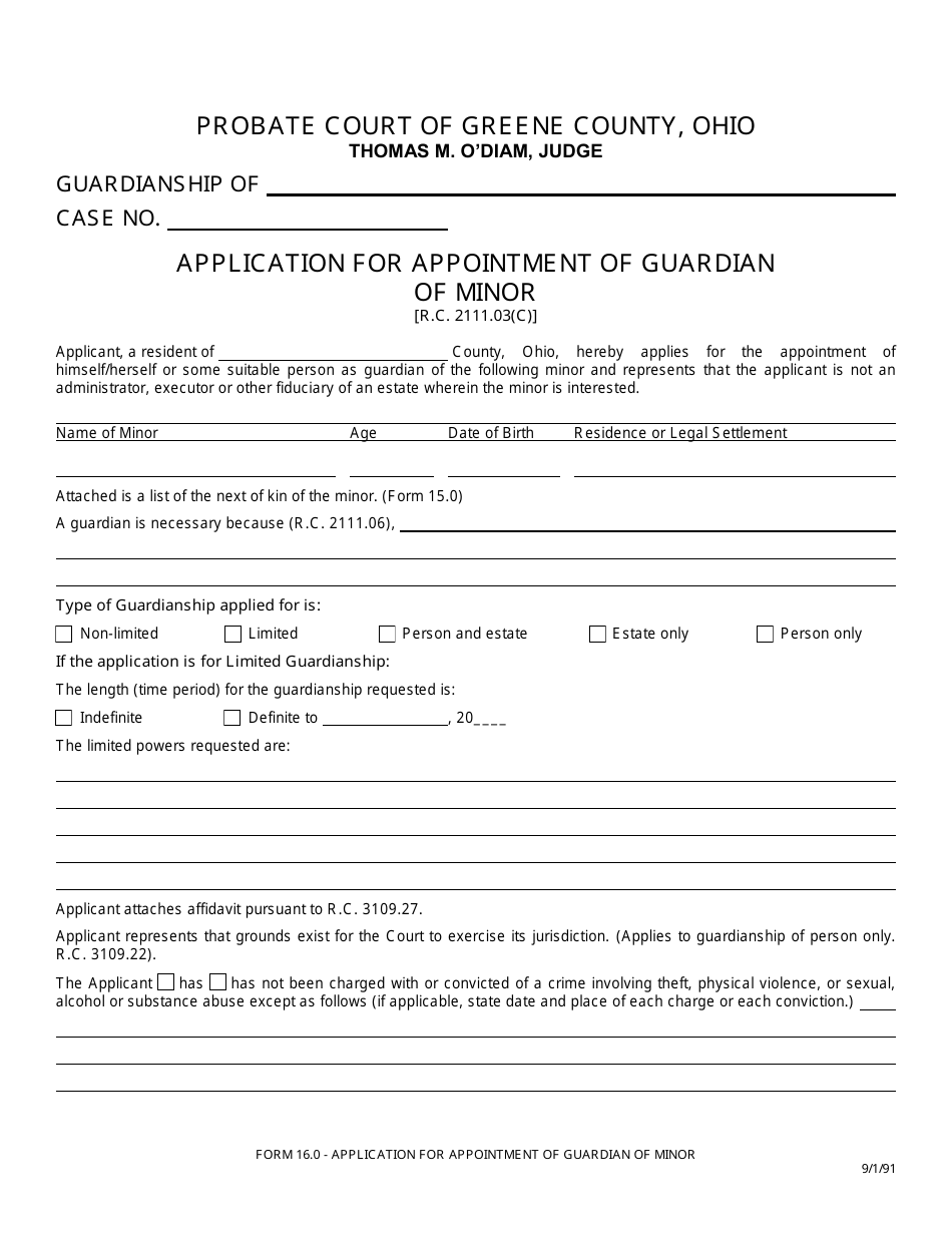 Form 16.0 Application for Appointment of Guardian of Minor - Greene County, Ohio, Page 1