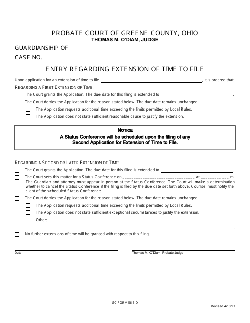 GC Form 56.1-D Entry Regarding Extension of Time to File - Guardianship - Greene County, Ohio