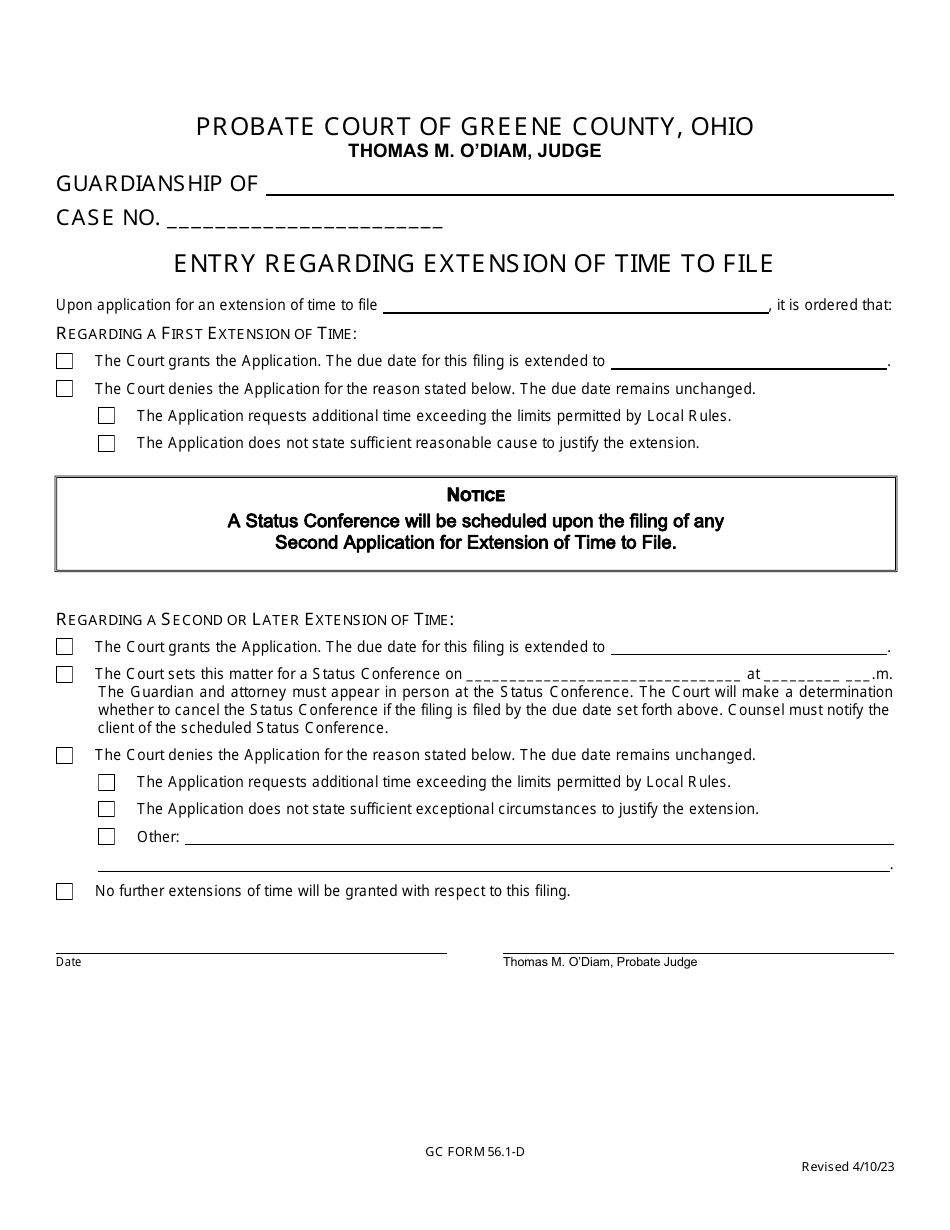 GC Form 56.1-D Entry Regarding Extension of Time to File - Guardianship - Greene County, Ohio, Page 1