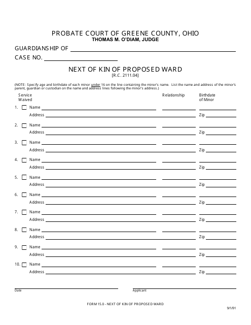 Form 15.0 Next of Kin of Proposed Ward - Greene County, Ohio