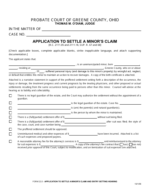 Form 22.0 Application to Settle a Minor's Claim - Greene County, Ohio