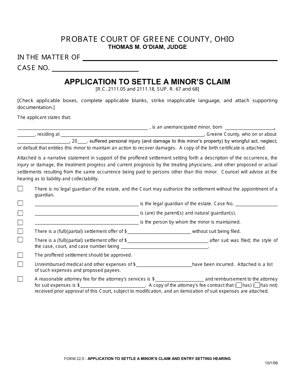 Form 22.0 Application to Settle a Minors Claim - Greene County, Ohio, Page 1