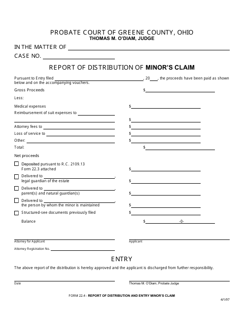 Form 22.4 Report of Distribution of Minor's Claim - Greene County, Ohio