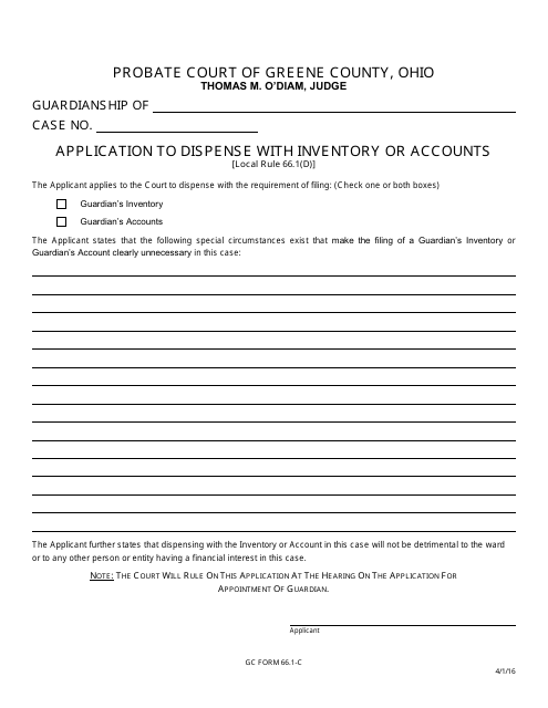 GC Form 66.1-C Application to Dispense With Inventory or Accounts - Greene County, Ohio