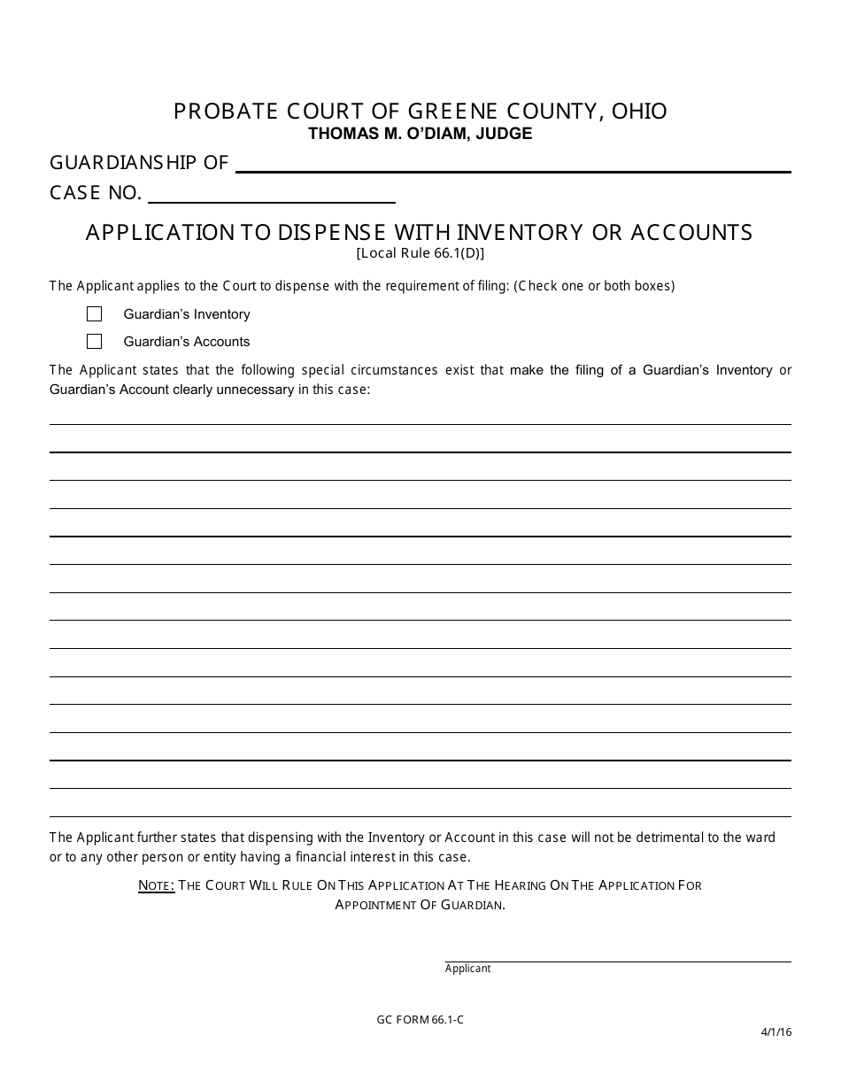 GC Form 66.1-C Application to Dispense With Inventory or Accounts - Greene County, Ohio, Page 1