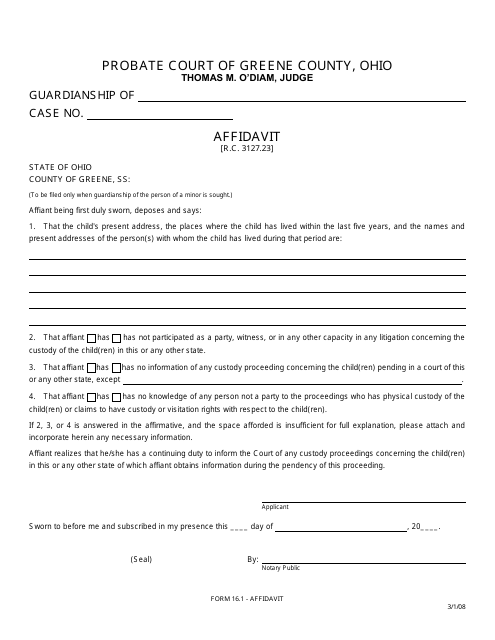 Form 16.1 Affidavit - Guardianship - Greene County, Ohio