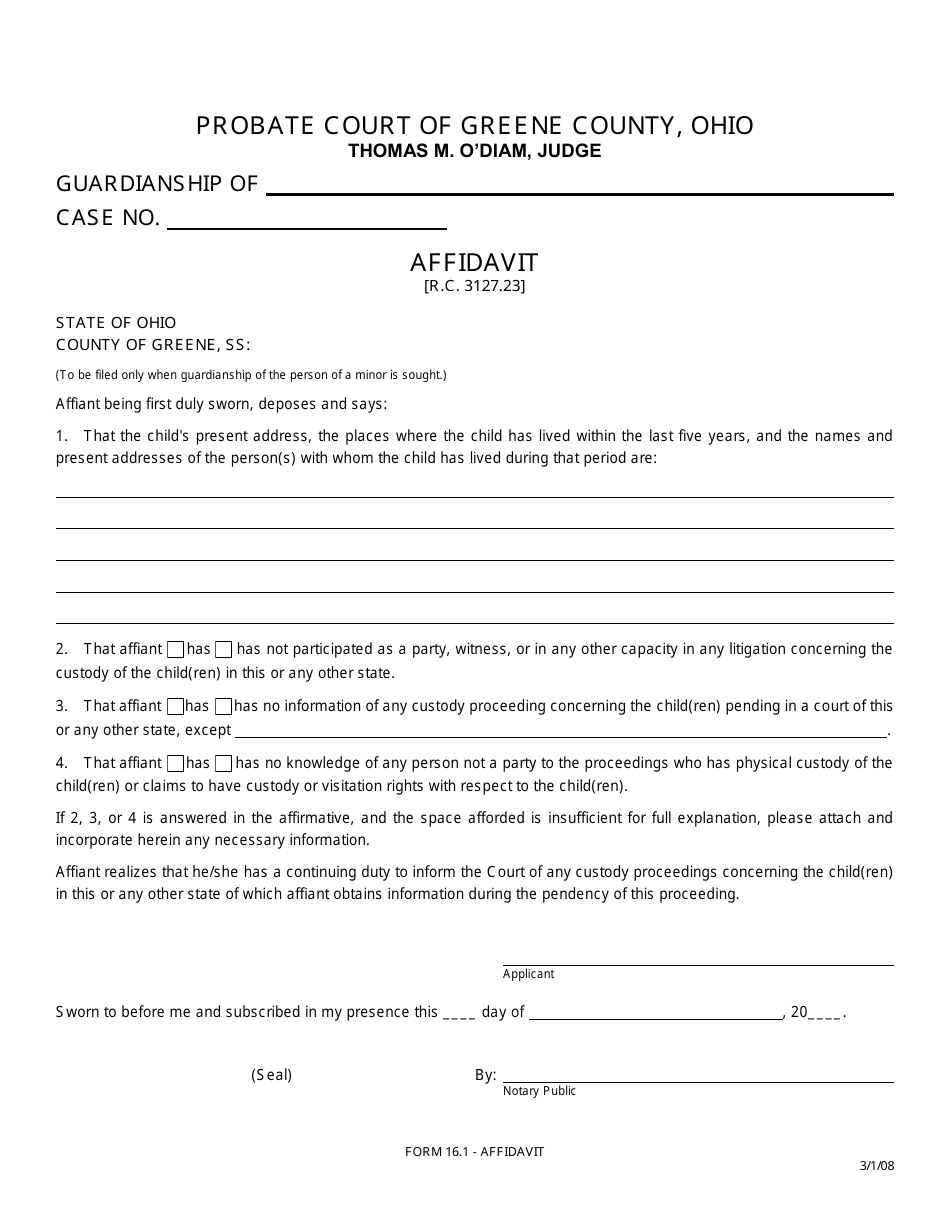 Form 16.1 Affidavit - Guardianship - Greene County, Ohio, Page 1