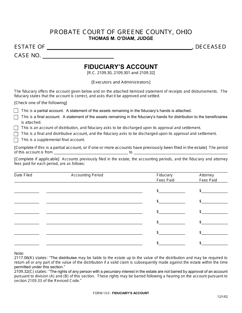 Form 13.0 Fiduciarys Account - Greene County, Ohio, Page 1