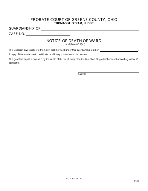 GC Form 66.1-G Notice of Death of Ward - Greene County, Ohio