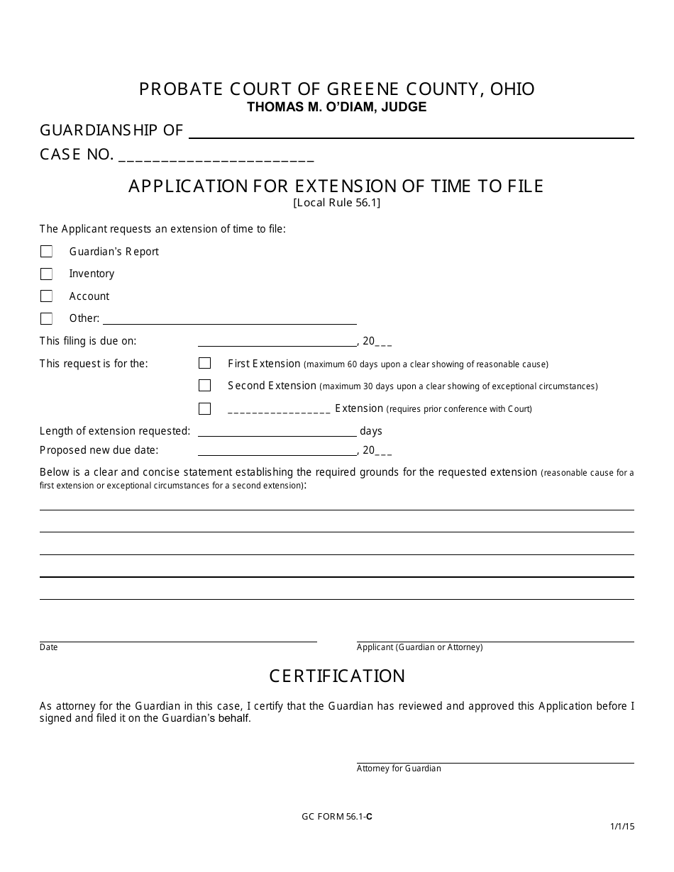 GC Form 56.1-C Application for Extension of Time to File - Guardianship - Greene County, Ohio, Page 1