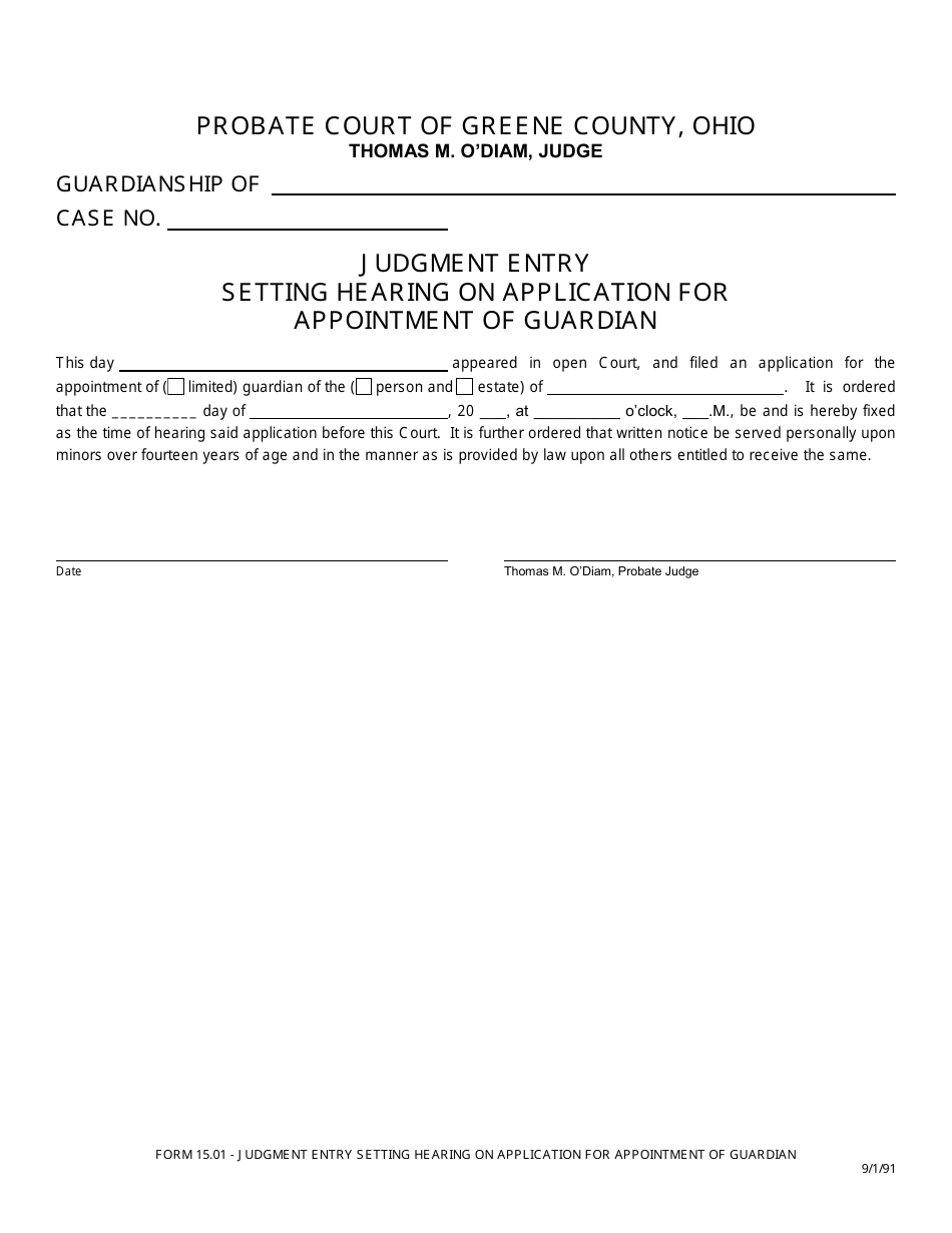 Form 15.01 Judgment Entry Setting Hearing on Application for Appointment of Guardian - Greene County, Ohio, Page 1